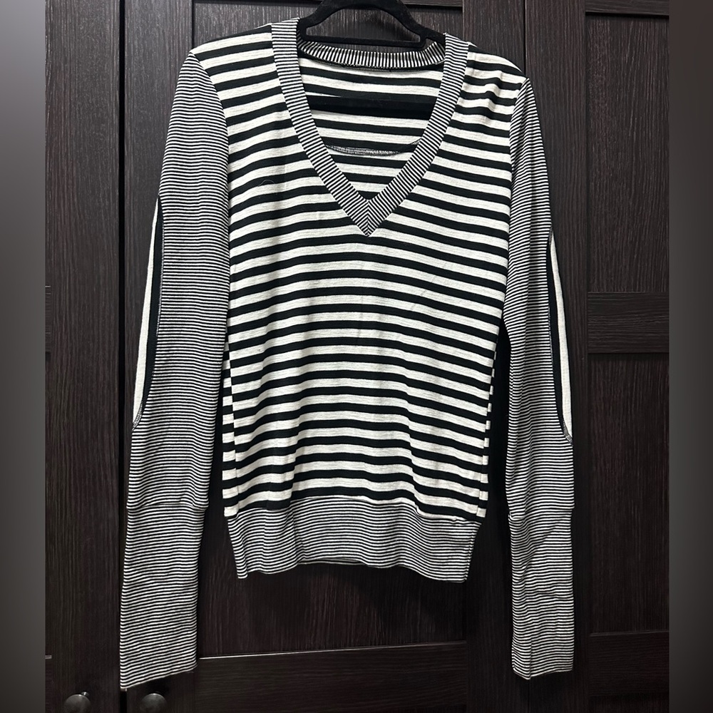 Black & White Striped V Neck Wool Blend Sweater